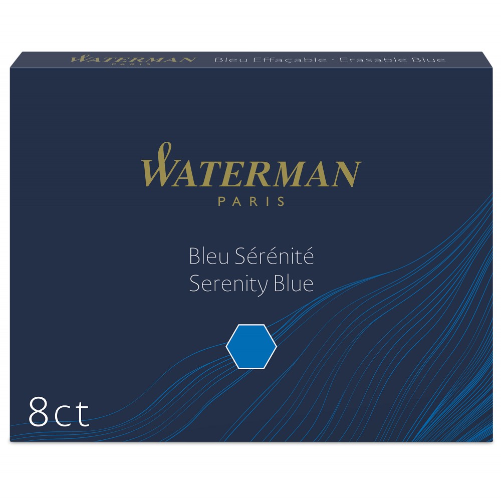 WATERMAN boîte de 8 cartouches longues, encre Bleu Sérénité effaçable pour  Stylo plume