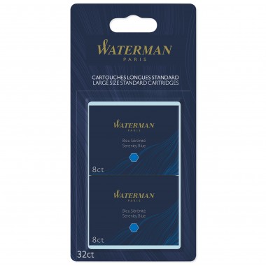 WATERMAN 32 cartouches d'encre longues standard - couleur Bleu effaçable - sous blister