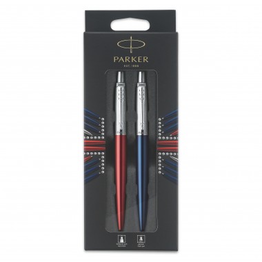 PARKER Jotter London Set : Stylo bille rouge Kensington - recharge bleue pointe moyenne + Stylo bleu royal - recharge gel noire 