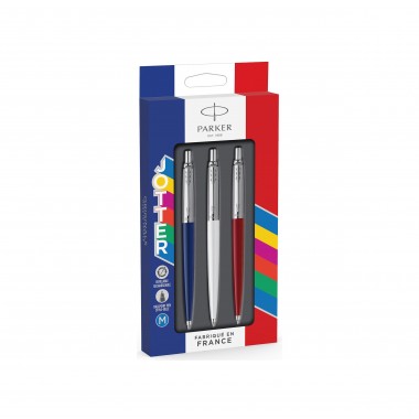 PARKER Jotter Originals Made in France - 3 Stylos bille - Bleu - Blanc - Rouge - recharge bleue pointe moyenne