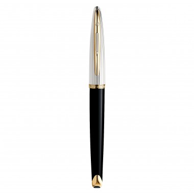 WATERMAN Carène Deluxe Stylo bille, noir brillant et plaqué argent, recharge bleue pointe moyenne, Coffret cadeau