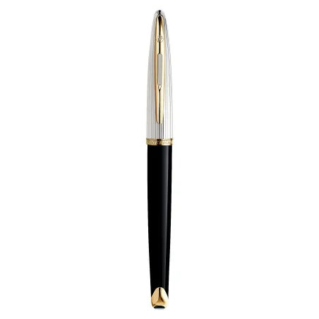 WATERMAN Carène Deluxe Stylo bille, noir brillant et plaqué argent, recharge bleue pointe moyenne, Coffret cadeau