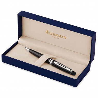 WATERMAN Expert Stylo bille,  laque noire, recharge bleue pointe moyenne, Coffret cadeau