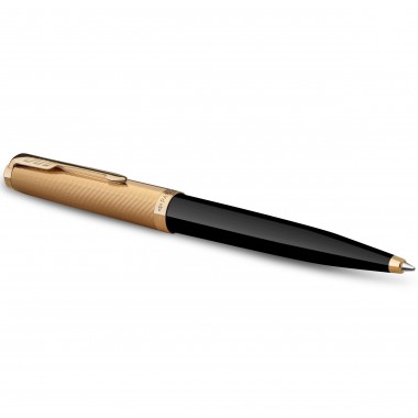 PARKER 51 Deluxe Bille - Corps Résine Noire + Capuchon plaqué or - Recharge noire pointe moyenne - Coffret cadeau