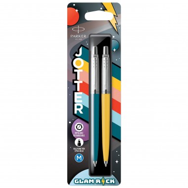Jotter OG Glam Rock 70’s - 2 Stylos bille - Bleu paon + Jaune soleil - recharge bleue pointe moyenne - sous blister
