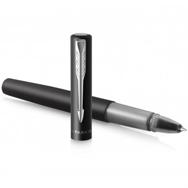 PARKER VECTOR XL Stylo roller, laque noire métallisée sur laiton, recharge noire pointe fine, Coffret cadeau