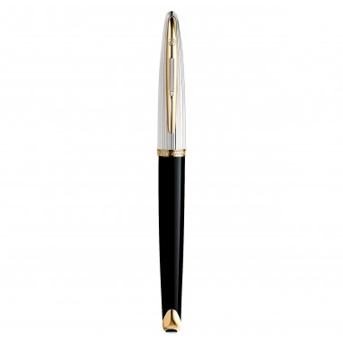 WATERMAN Carène Deluxe Stylo plume, Noir brillant et plaqué argent, plume fine 18K, Coffret cadeau
