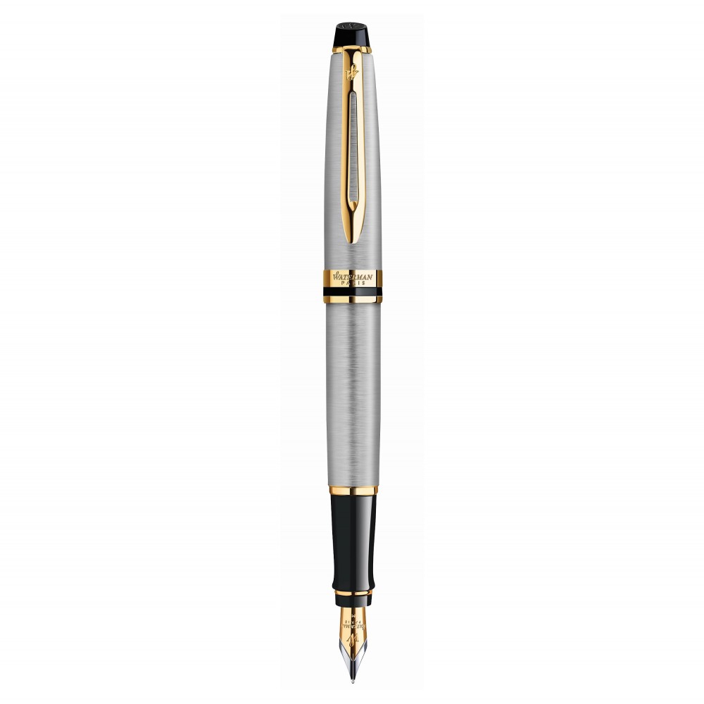 WATERMAN Expert Stylo plume, Acier Inoxydable, plume fine, cartouche encre  bleue, Coffret cadeau