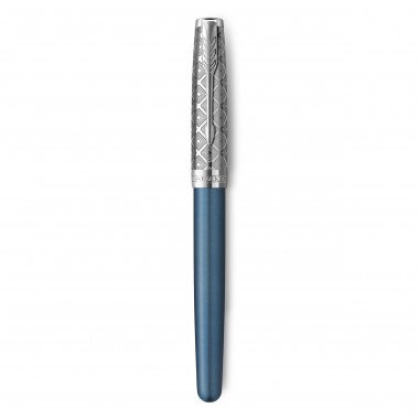 PARKER Sonnet Premium, Stylo plume, Métal & Laque Bleu, Plume fine 18k, encre noire, Coffret cadeau