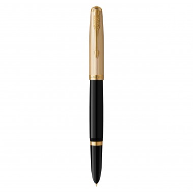 PARKER 51 Deluxe Stylo Plume - Corps Résine Noire + Capuchon plaqué or - Plume fine 18k - Coffret cadeau