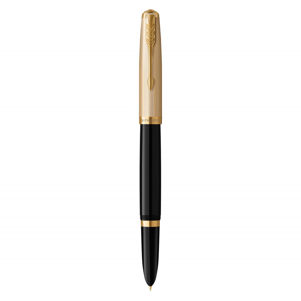 PARKER 51 Deluxe Stylo Plume, Corps Résine Noire + Capuchon plaqué or, Plume  fine 18k, Coffret cadeau