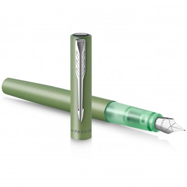 PARKER VECTOR XL Stylo plume, laque verte métallisée sur laiton, plume moyenne, encre bleue, Coffret cadeau