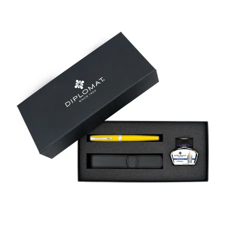 *Stylo-plume DIPLOMAT A² Jaune (Coffret Cadeau : 1 étui cuir 1 place + 1 Flacon d'Encre Bleu Royal)