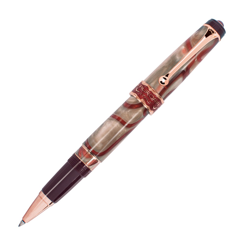 Roller AURORA Oceania Édition Limitée - Résine Marbrée Rouge et Sable - Attributs Plaqués Or Rose Roller AURORA Oceania Édition Limitée - Résine Marbrée Rouge et Sable - Attributs Plaqués Or Rose