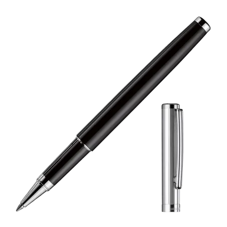 OTTO HUTT DESIGN 01 - ROLLER CORPS LAITON LAQUÉ NOIR CAPUCHON ARGENT LIGNÉ