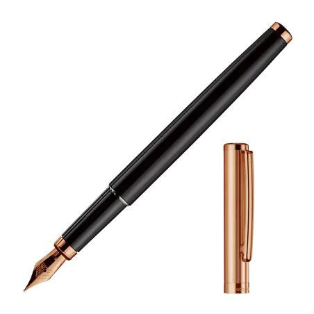 OTTO HUTT DESIGN 01 - PLUME ACIER -M- CORPS LAITON LAQUÉ NOIR CAPUCHON DORÉ OR ROSE LIGNÉ