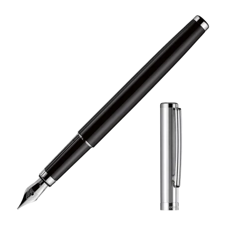 OTTO HUTT DESIGN 01 - PLUME ACIER -F- CORPS LAITON LAQUÉ NOIR CAPUCHON ARGENT LIGNÉ