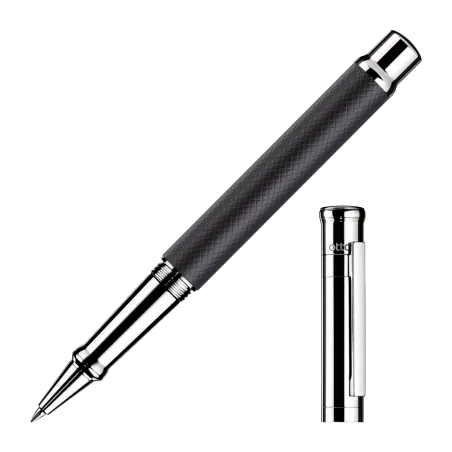 Stylo Roller Otto Hutt Design 04 - Guilloché Laqué Noir Mat Et Platiné Lisse - Attributs Platinés