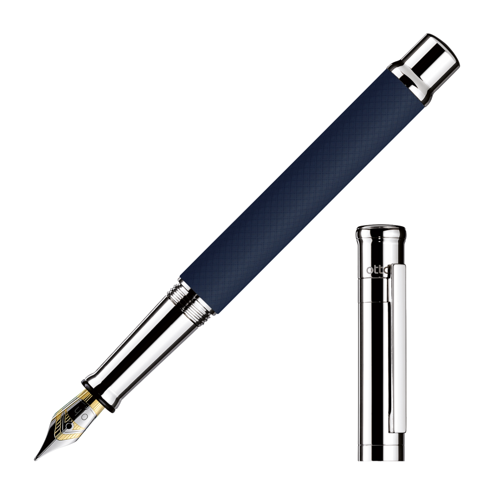 Stylo-Plume F Otto Hutt Design 04 - Guilloché Laqué Bleu Nuit Mat Et Platiné Lisse - Attributs Platinés