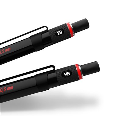 rOtring 500 Porte-mine | mine HB 0,5 mm | Corps hexagonal en plastique noir et grip antidérapant en métal texturé