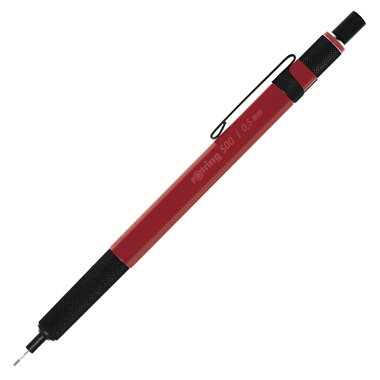 rOtring 500 Porte-mine | mine HB 0,5 mm | Corps hexagonal en plastique rouge et grip antidérapant en métal texturé