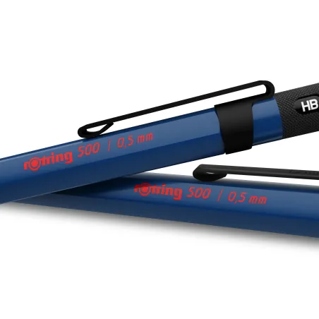 rOtring 500 Porte-mine | mine HB 0,5 mm | Corps hexagonal en plastique bleu et grip antidérapant en métal texturé
