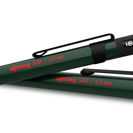rOtring 500 Porte-mine | mine HB 0,5 mm | Corps hexagonal en plastique vert et grip antidérapant en métal texturé