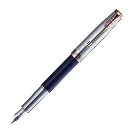 PARKER Duofold Prestige Centennial Stylo plume, Chevron Bleu, Plume fine en or 18K, Coffret cadeau