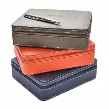 Boite à stylos LEANSCHI Cuir Safiano Orange (18 places) - ouverte