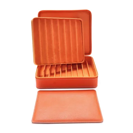 Boite à stylos LEANSCHI Cuir Safiano Orange (18 places) - ouverte