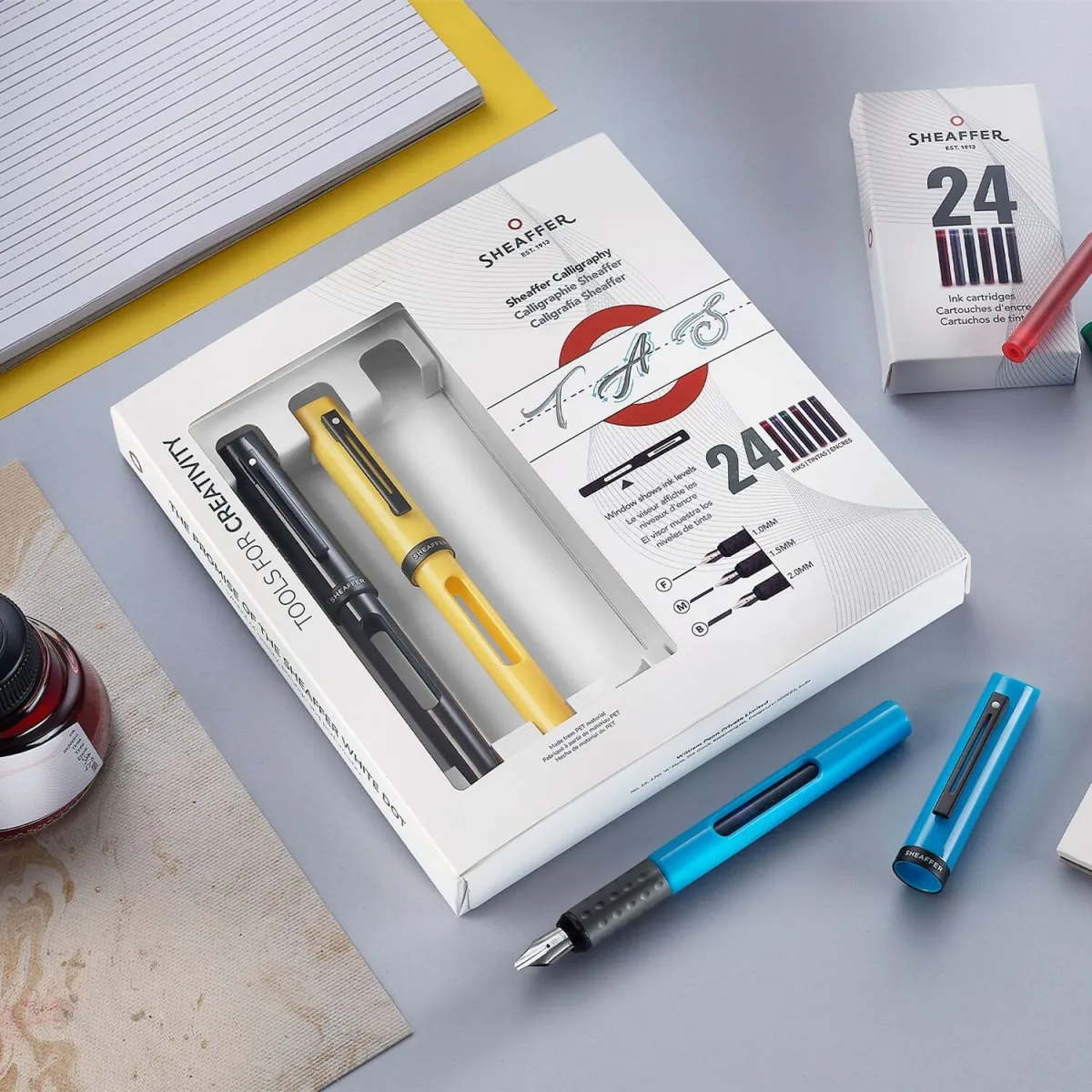 Coffret luxe stylos calligraphie Sheaffer – 3 stylos, 3 plumes, 24 cartouches