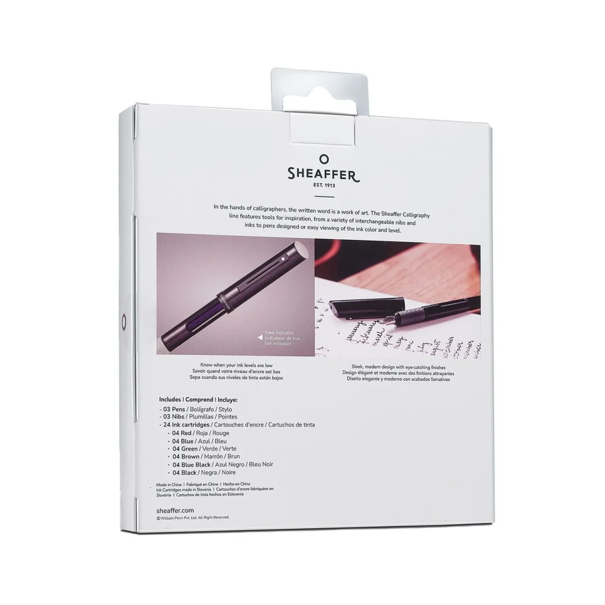 Coffret luxe stylos calligraphie Sheaffer – 3 stylos, 3 plumes, 24 cartouches