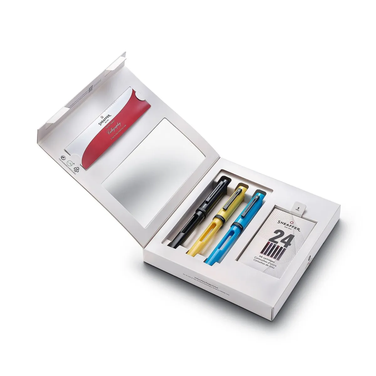 Coffret Calligraphie Sheaffer - 3 stylos black-blue-yellow - 24 cartouches - coffret ouvert