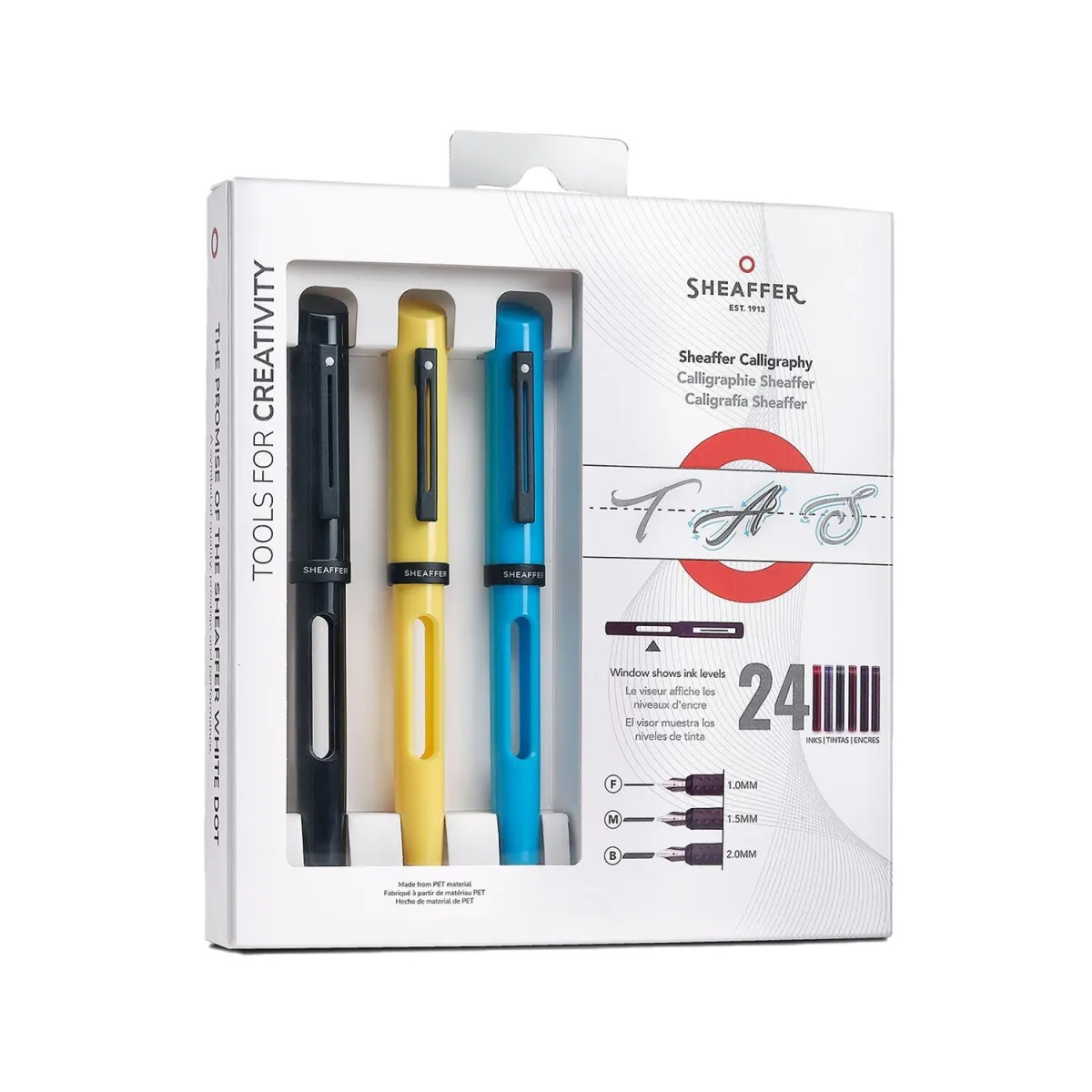 Coffret Calligraphie Sheaffer - 3 stylos black-blue-yellow - 24 cartouches