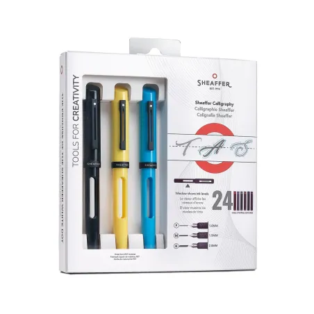Coffret Calligraphie Sheaffer - 3 stylos black-blue-yellow - 24 cartouches