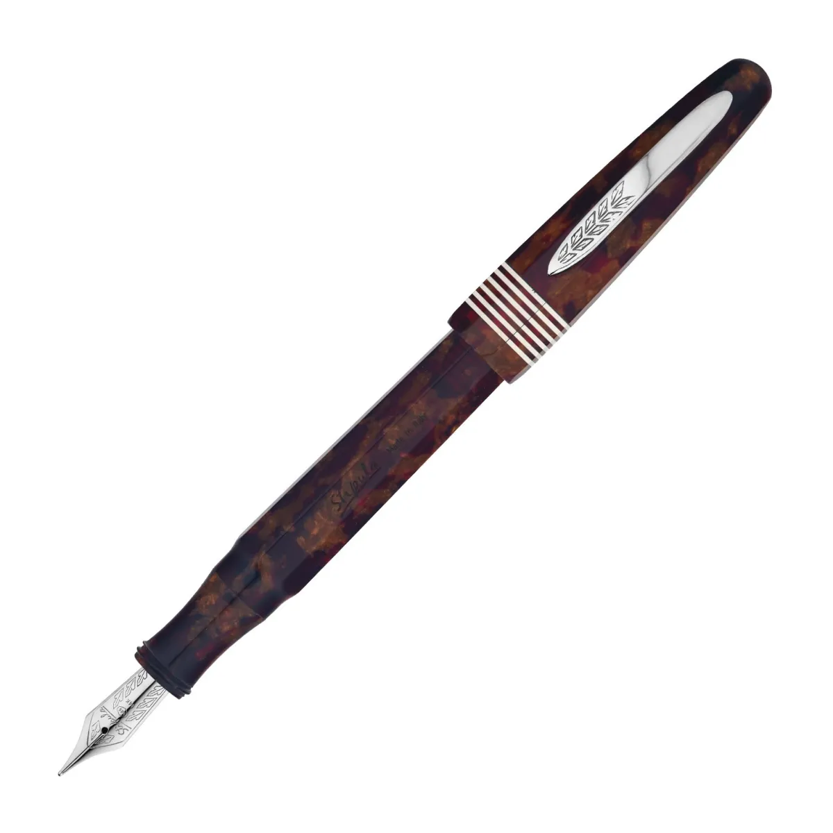 Stylo plume Calligraphie 1.1 Stipula Etruria Facettata - Piccola Celluloide Ambra - Or palladié 14 K