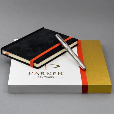 Coffret Stylo-Plume Parker Sonnet Chromé Brossé + Carnet Noir
