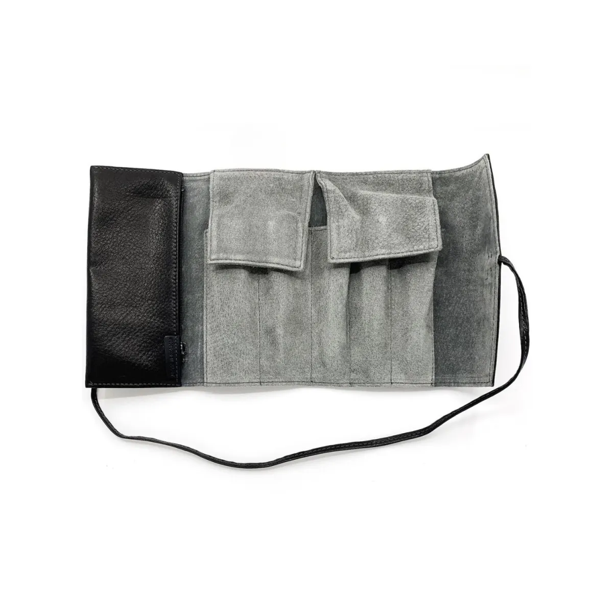 Etui Pilot Cuir Noir - Fermeture lacet pour 5 Stylos + Espace libre - ouvert