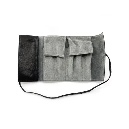 Etui Pilot Cuir Noir - Fermeture lacet pour 5 Stylos + Espace libre - ouvert