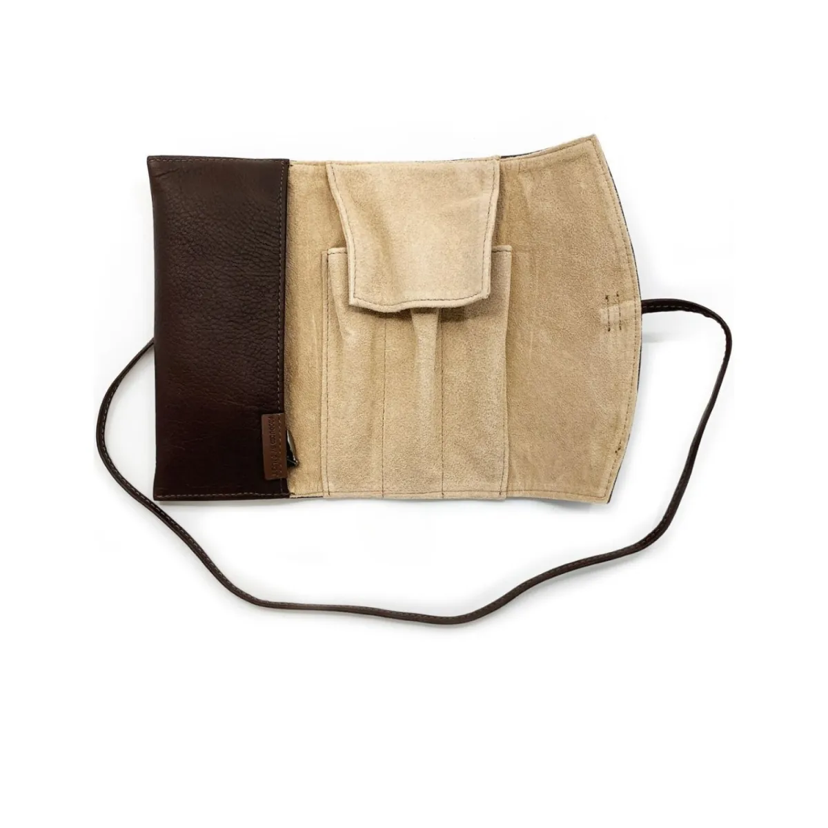 Etui Pilot Cuir Marron - Fermeture lacet pour 3 Stylos + Espace libre - Ouvert