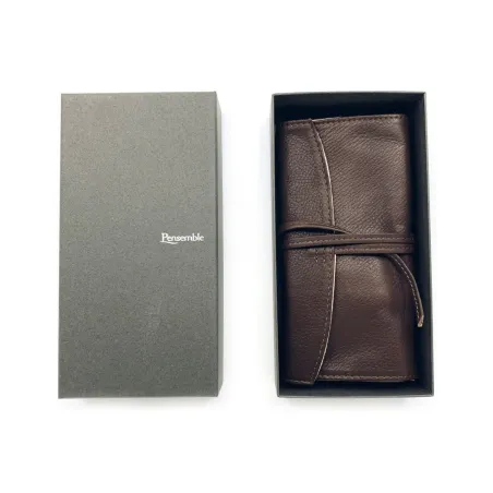 Etui Pilot Cuir Marron - Fermeture lacet pour 3 Stylos + Espace libre - coffret