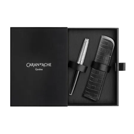 Coffret Stylo plume (B) avec étui cuir - Caran d'Ache - Leman - Damier - Edition limitée - Coffret ouvert