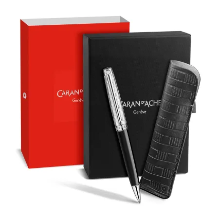 Coffret Stylo bille avec étui cuir - Caran d'Ache - Leman - Damier - Edition limitée - Coffret complet