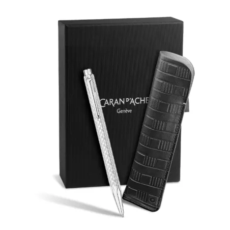 Coffret Stylo bille avec Étui cuir Ecridor Caran d'Ache - Damier Gris Argenté - Edition limité