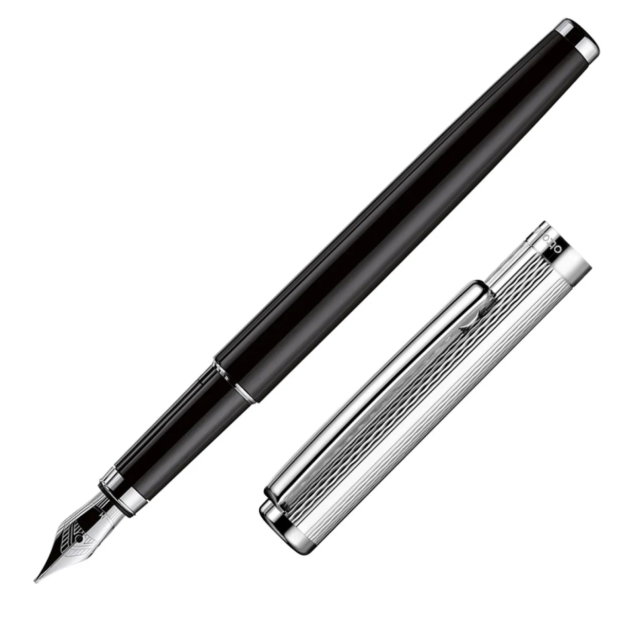 Stylo-Plume M Otto Hutt Design 01 - Laqué Noir - Guilloché grain d'orge Et Argent